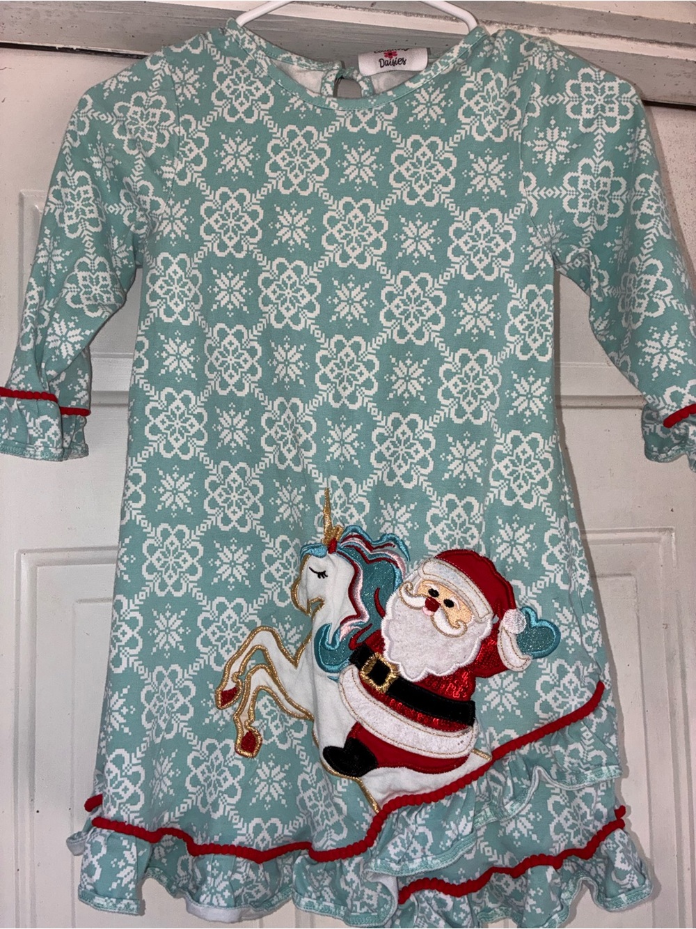 Counting Daisies Aqua Snowflake Santa on Unicorn Girls Nightgown with Red Trim